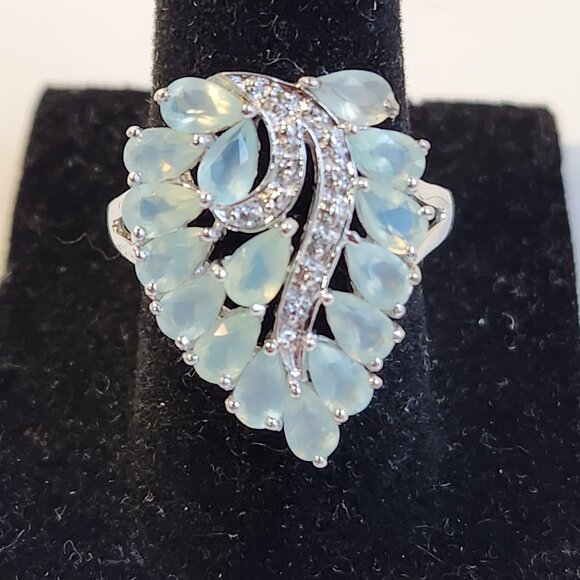 Retired 925 Cluster Teardrop Blue Leaf Aquamarine & White Zircon Size 7 Ring - Picture 7 of 16